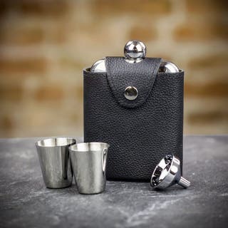 Pinder Brothers Silver Hip flask in Black Leather Pouch Set  - 6oz