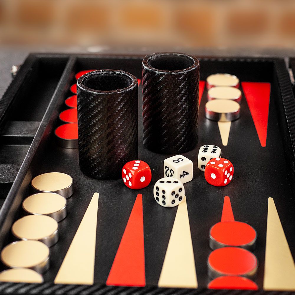 Set Backgammon Pieghevole In Ecopelle Nera E Rossa | 45,7 Cm | Con Dadi, Tazze E Pietre | Da Viaggio - 6