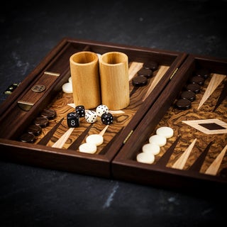 Manopoulos Inlaid Walnut Burl and Oak Backgammon Set - Travel