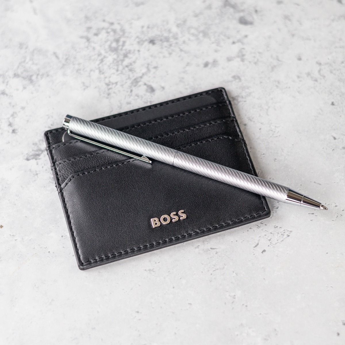 Hugo Boss Cloud Chrome Ballpoint Pen & Classic Smooth Black Card Holder