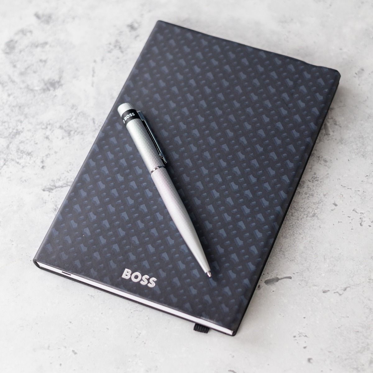 Hugo Boss A5 Monogram Grey Lined Notebook & Loop Diamond Chrome Ballpoint Pen Gift Set