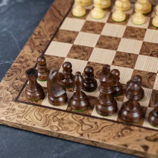 Manopoulos Walnut Burl Chess Set in Presentation Box - Medium