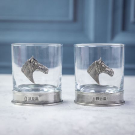 English Pewter Co Pair of Horse Head Whisky Glass Tumblers - 11oz
