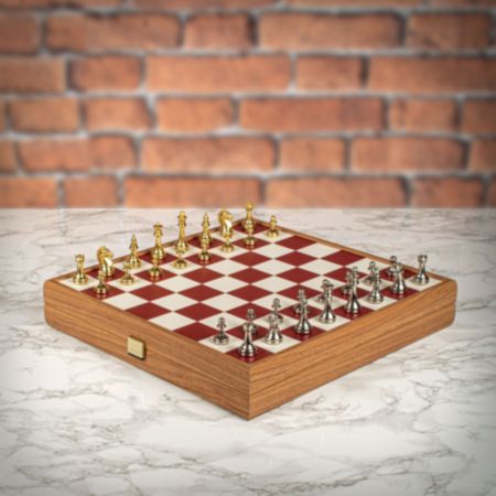 Manopoulos Exclusive Chess Set - Metal Staunton Chessmen with Red and White Leatherette Board - Small